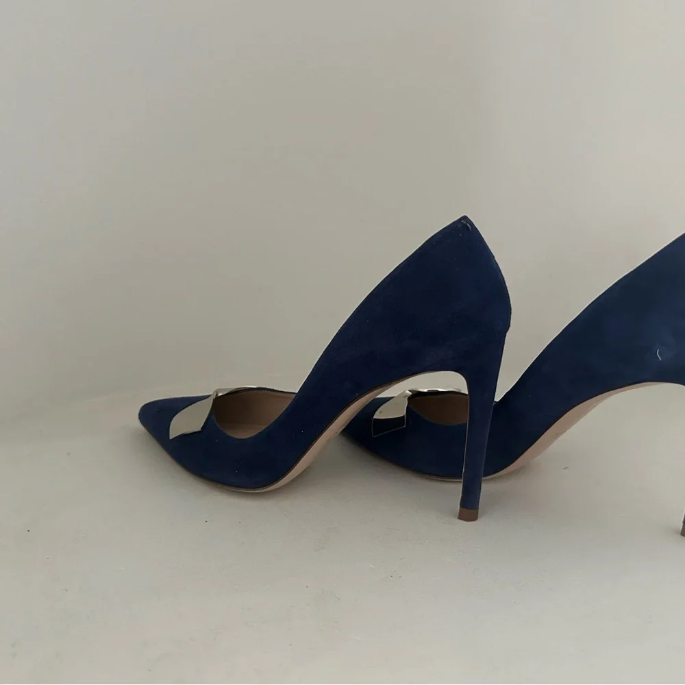 Stuart Weitzman Navy Blue Suede Pointed Toe Heels with Silver Accent - Picture 10 of 11